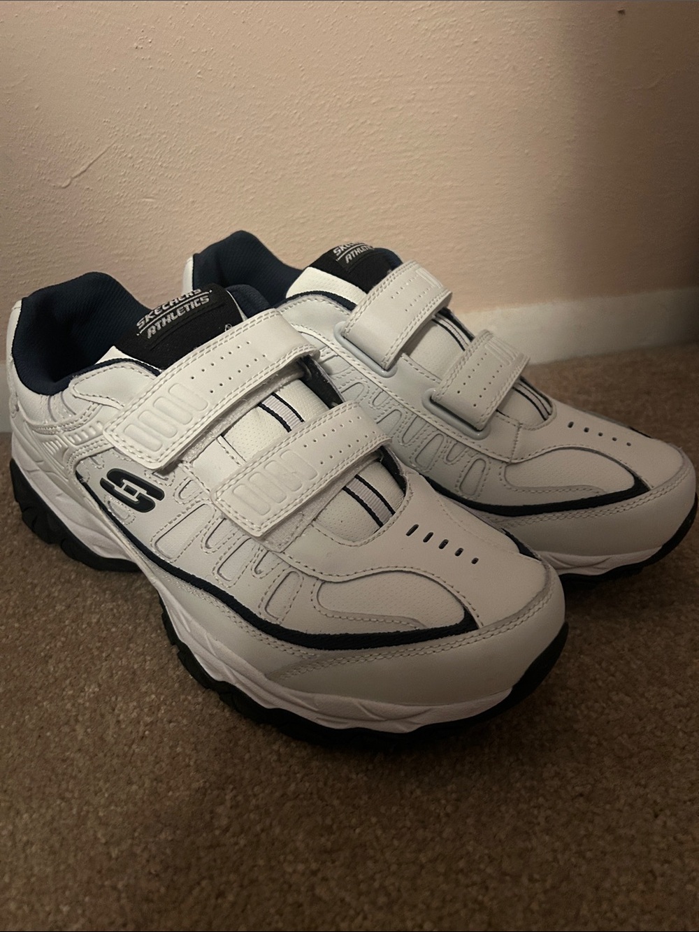 Skechers White with Navy Velcro Walking Sneakers